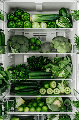 fresh green vegetables in a refrigerator.Minimal creative food concept.