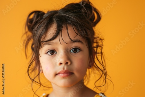 Portrait of a little girl with long hair on a yellow background