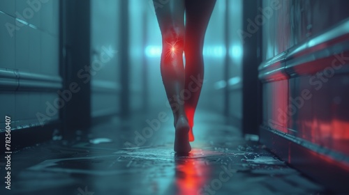 An illustration about a human leg injury with a red signal at the knee area. photo