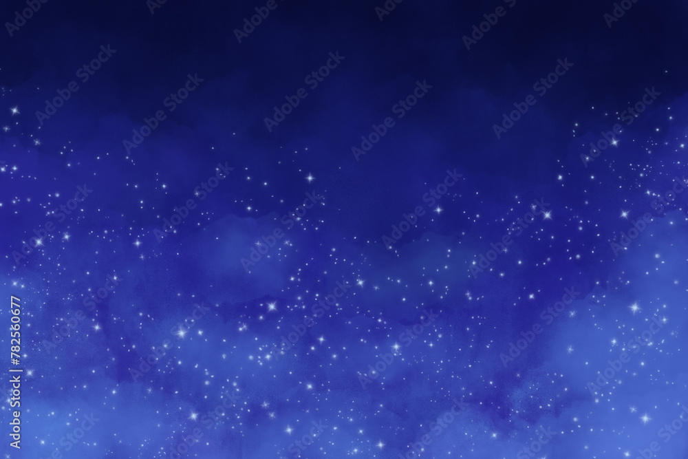 Watercolor night sky with twinkling stars above the clouds background