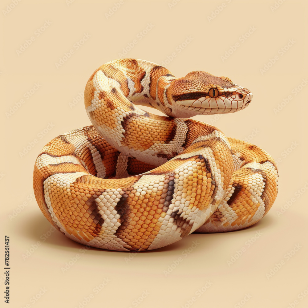 Obraz premium Close-up of a coiled python snake showcasing its detailed scale pattern and intense gaze.