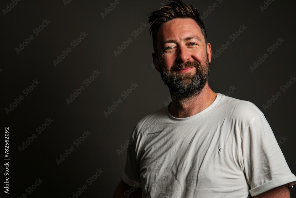 Portrait of a handsome man with beard and mustache in a white t-shirt on a dark background