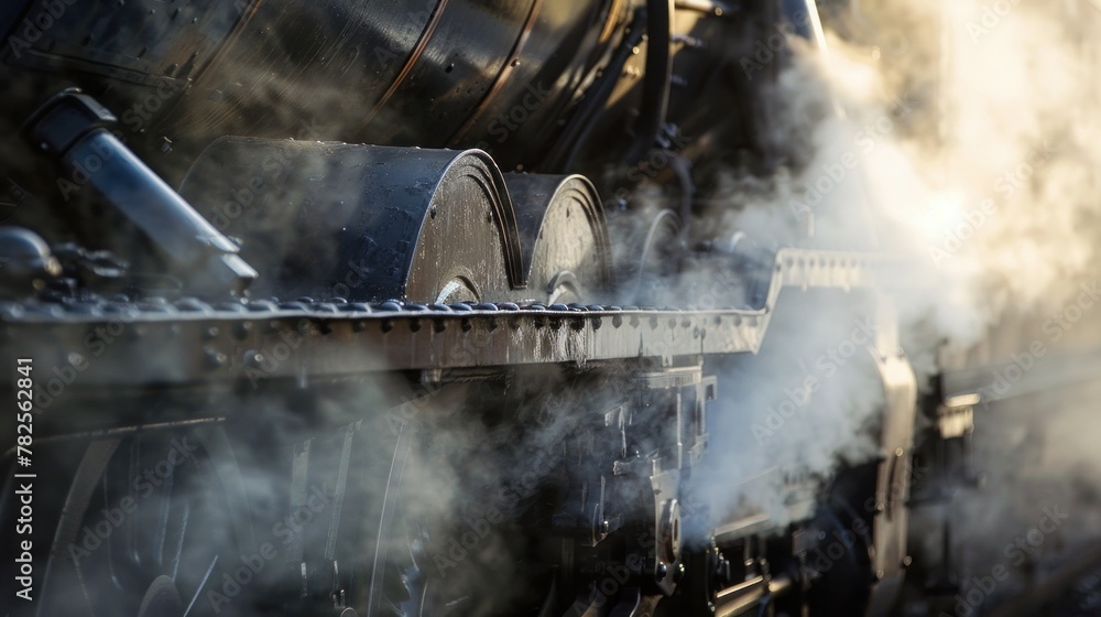 Close-Up of Steam: Focus on a close-up shot of steam billowing from the train's engine, with the background slightly blurred to create depth. Generative AI