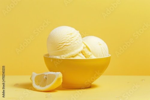 Zesty lemon sorbet in a vibrant yellow bowl against a lemonade-inspired background