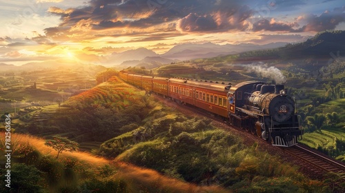 Panoramic View: Take a panoramic shot of the entire scene, showcasing the expansive countryside, the vintage train in motion, and passengers enjoying the scenic views. Generative AI photo