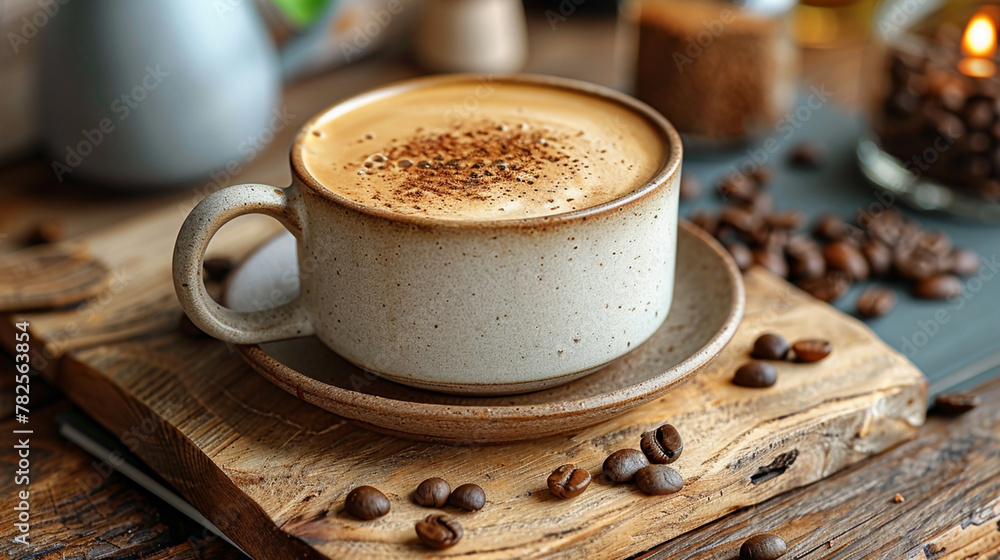 wide closeup food photograph of an isolated white color premium cappuccino coffee cup on a rustic finished wooden table top background with copy space wide closeup food photograph of an isolated white color premium cappuccino coffee cup on a rustic finished wooden table top background with copy space