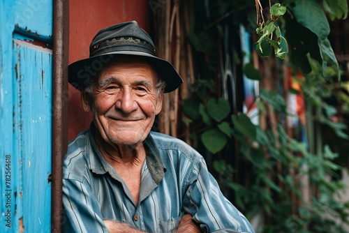 Portrait of an old man in a hat and shirt in Hoi An, Vietnam photo