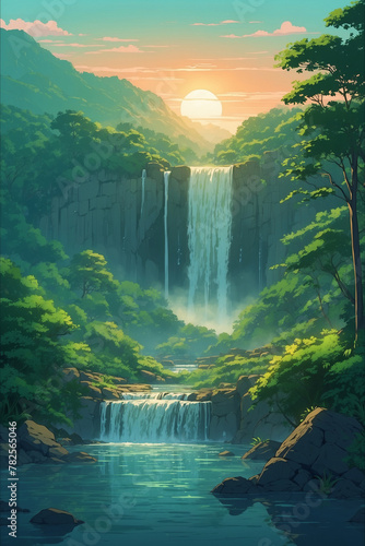Waterfall in green valley in foggy morning at sunrise. In anime style