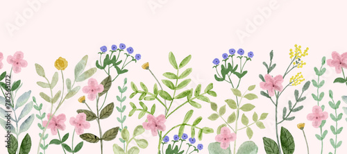 cute wildflower garden watercolor seamless border photo