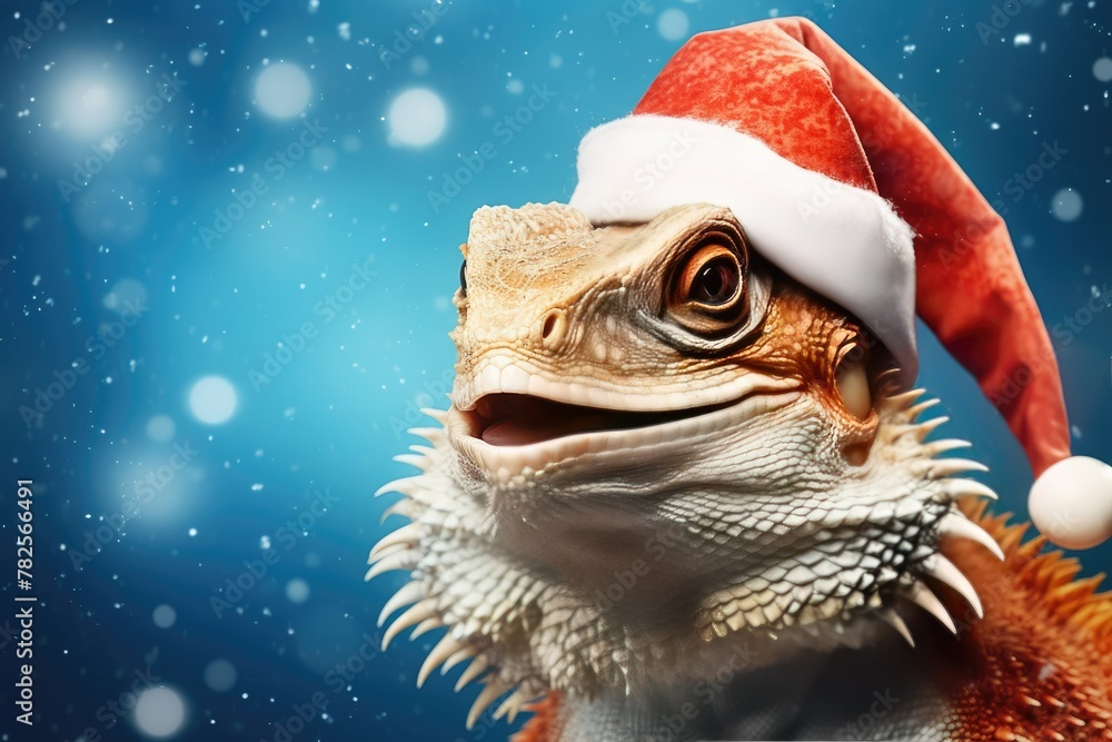 A lizard is wearing a Santa hat and smiling A lizard is wearing a Santa hat and smiling