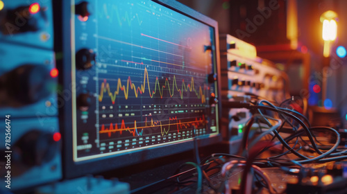 Close-up view of a monitor displaying colorful audio waveforms in a music studio. photo