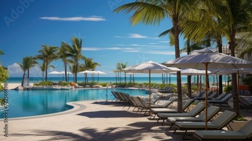 Resort poolside with ocean view and palm trees © BetterPhoto