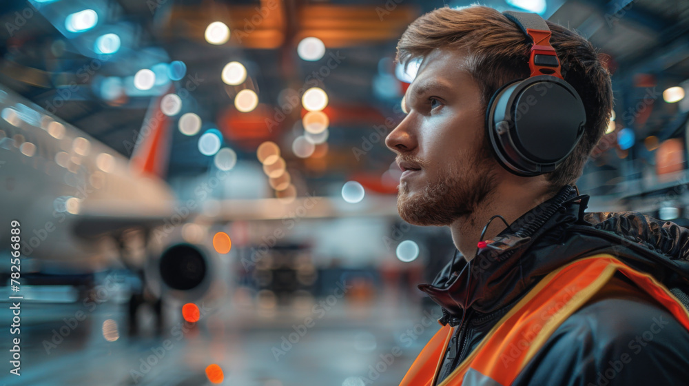 Young male aviation mechanic in reflective vest standing by a jet turbine inside a hangar. Young male aviation mechanic in reflective vest standing by a jet turbine inside a hangar.