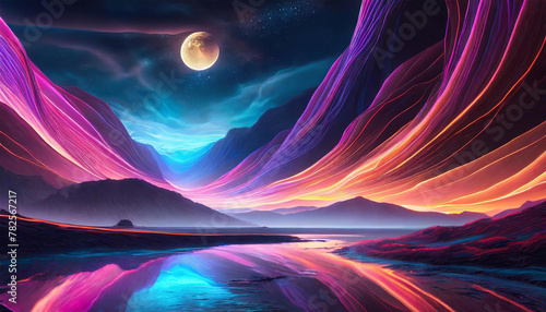 Neon Waves Background with moon in the sky. photo