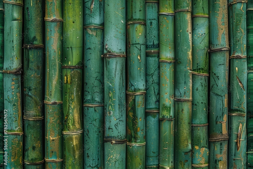 A close up of green bamboo with a few brown spots. The bamboo is arranged in a row and he is in a forest setting A close up of green bamboo with a few brown spots. The bamboo is arranged in a row and he is in a forest setting