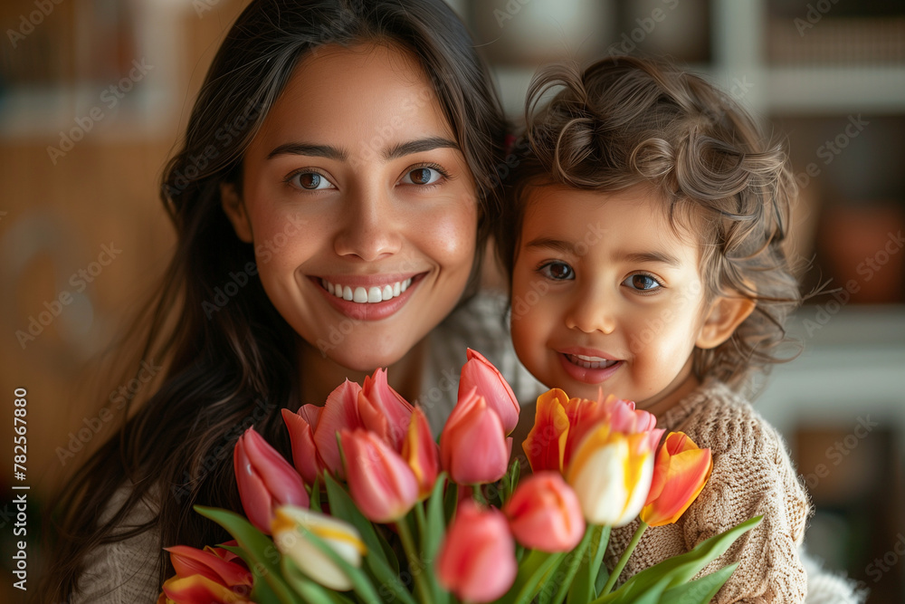 Happy Mother's Day Celebration with Latina Mom and Child and Flowers Happy Mother's Day Celebration with Latina Mom and Child and Flowers