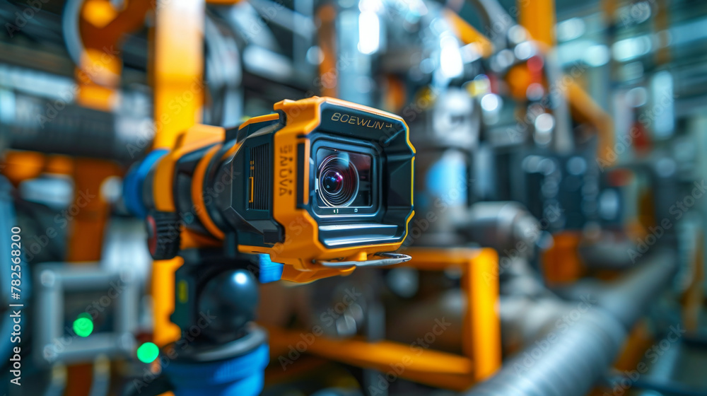 A robust industrial camera mounted on machinery in a manufacturing setting. A robust industrial camera mounted on machinery in a manufacturing setting.