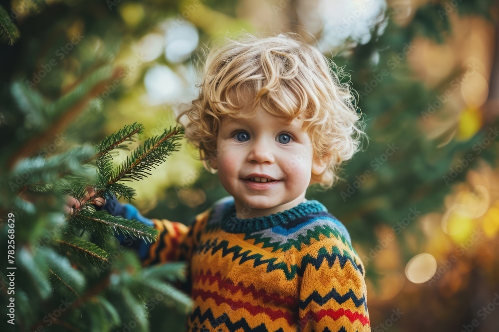 Cute little boy with blond curly hair and blue eyes in colorful knitted sweater holding fir tree branch in hands Cute little boy with blond curly hair and blue eyes in colorful knitted sweater holding fir tree branch in hands