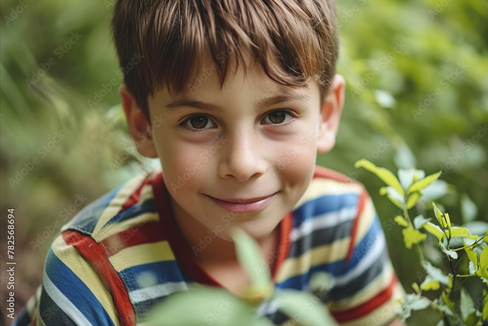 Portrait of a boy with green leaves in the garden. Selective focus.