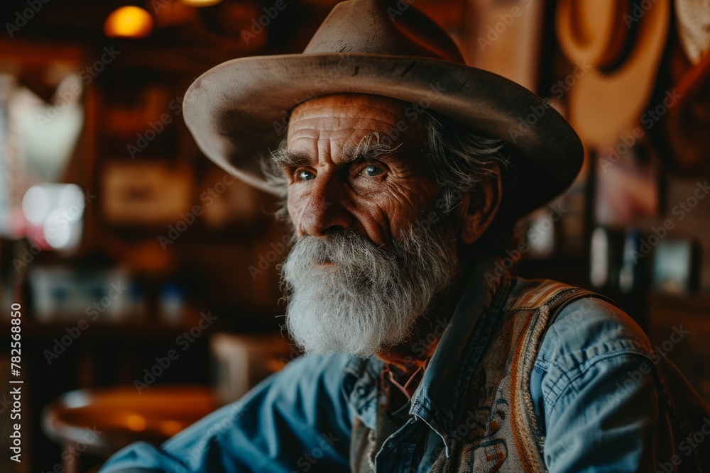 Portrait of an old man with a white beard in a cowboy hat.