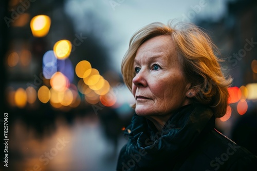 Portrait of an elderly woman on a background of the night city