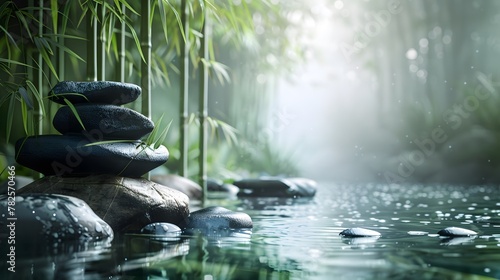 States of mind, meditation, feng shui, relaxation, nature, zen concept. Bamboo, rocks and water