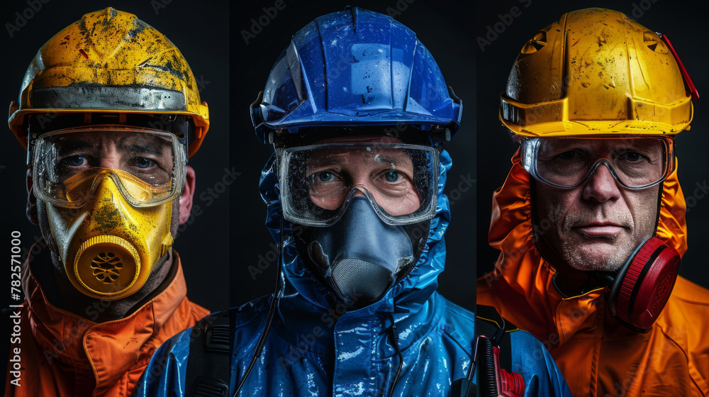 Three serious workers in helmets and safety masks against a dark background, representing different industries. Three serious workers in helmets and safety masks against a dark background, representing different industries.
