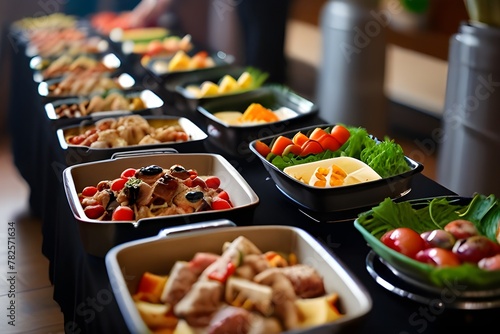 Vibrant Indoor Buffet: Group Dining on Meat, Fruits, and Vegetables in Restaurant Setting"