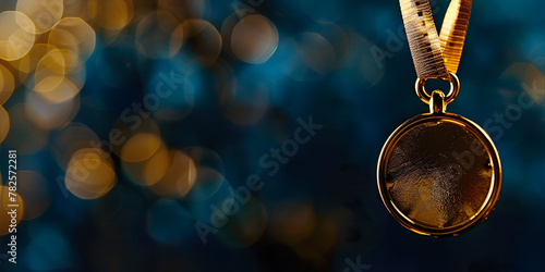 Winner medal, victory. Blurred background with bokeh lights