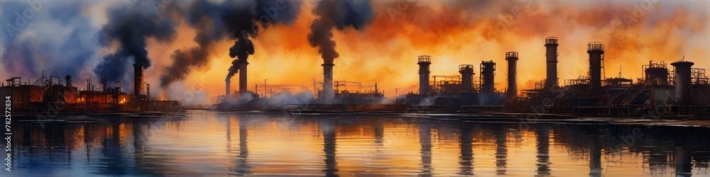 Abstract watercolor illustration on ecological theme about pollution by factories, background for social media banner, website and for your design, space for text	