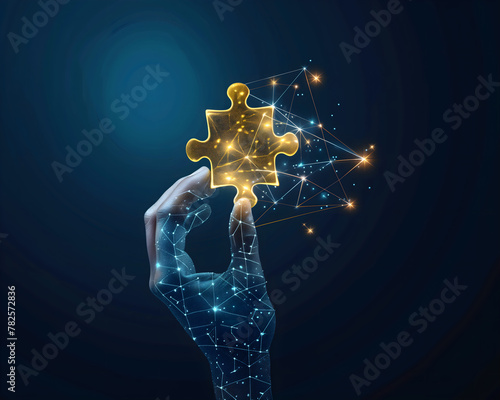 Abstract human hand holding glowing puzzle piece, symbolizing digital transformation and business tech innovation in technology industry or IT research with data connection structure 