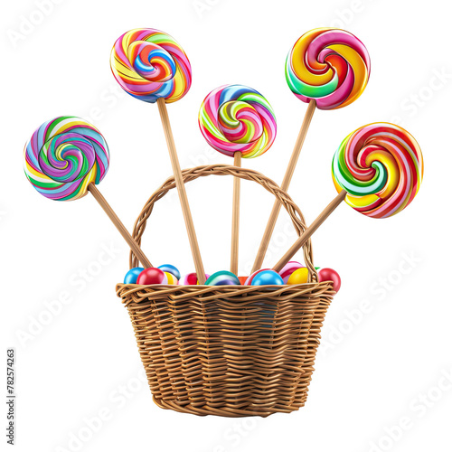 Lollipops and candies are arranged in a basket, creating a sweet and colorful display Isolated on transparent