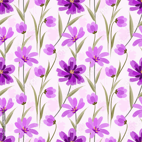 Beautiful purple flowers and leaves in watercolor style vector seamless pattern. This pattern can be used for fabric textile wallpaper.