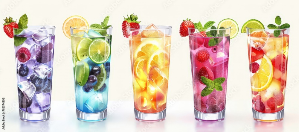 Cold drink menu. Six glasses filled with colorful drinks. Berry flavored lemonades and mojito, super realistic - obrazy, fototapety, plakaty 