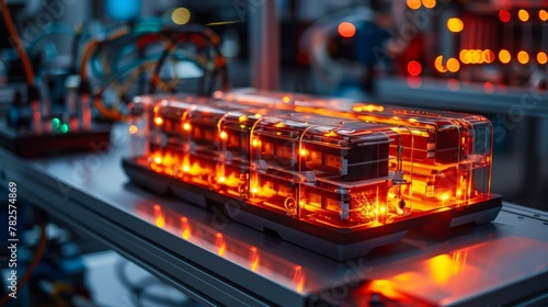 EV Car Battery. Close-up of a next-gen car battery made from cutting-edge nanomaterials, glowing with energy in a high-tech laboratory setting