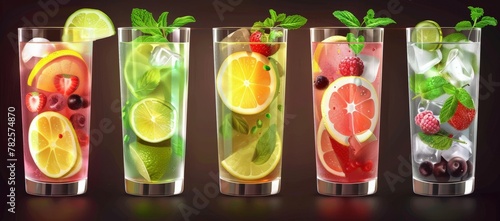 Cold drink menu. Six glasses filled with colorful drinks. Berry flavored lemonades and mojito, super realistic