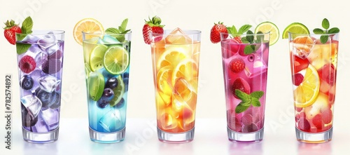 Cold drink menu. Six glasses filled with colorful drinks. Berry flavored lemonades and mojito, super realistic