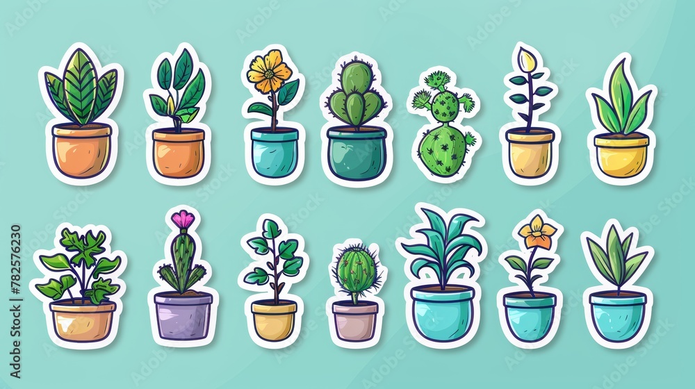 Plant in pot vector sticker illustration set. Plant in pot vector sticker illustration set.