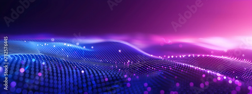 Abstract background with blue purple gradient and futuristic hexagon mesh waves of glowing dots on dark space