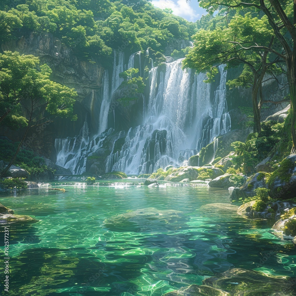Waterfalls Cascading into a Crystal-Clear Pool