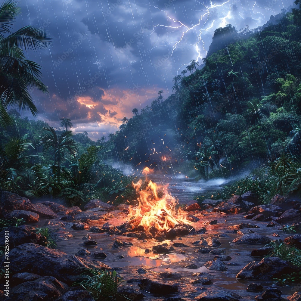 Rainforest Campfire with Tropical Storm Backdrop