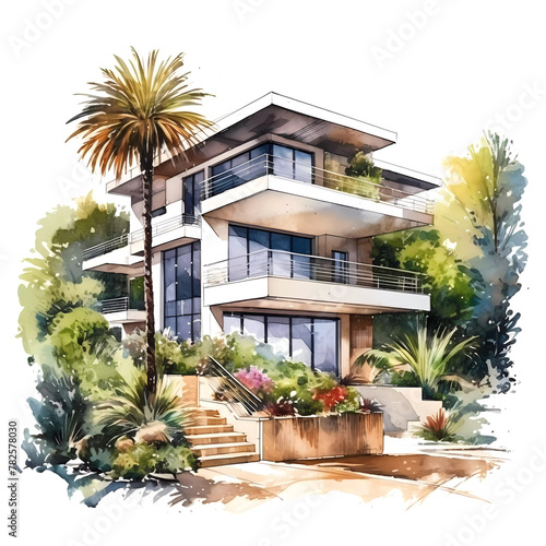 Watercolor illustration of a modern villa with lush landscaping © filirovska