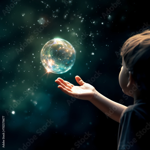 A childs hand reaching for a soap bubble.