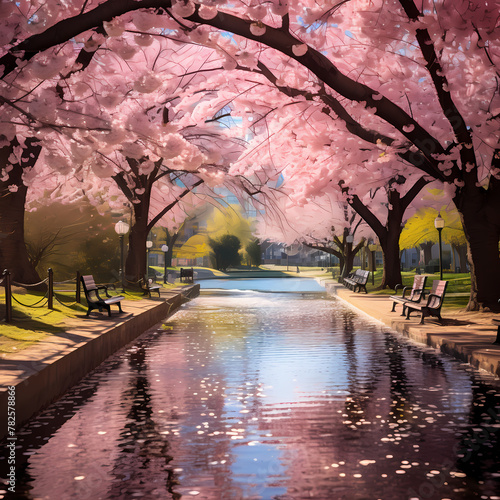 A city park with cherry blossoms in full bloom.