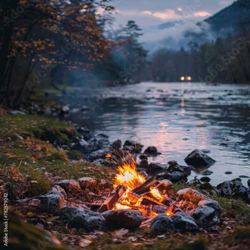 Riverbank Bonfire with Serene Flowing Water Background