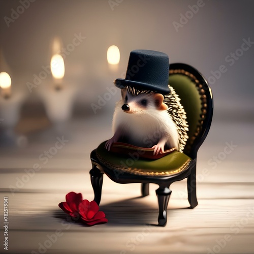 A tiny hedgehog wearing a tiny hat, sitting in a tiny chair at a tiny table2 photo