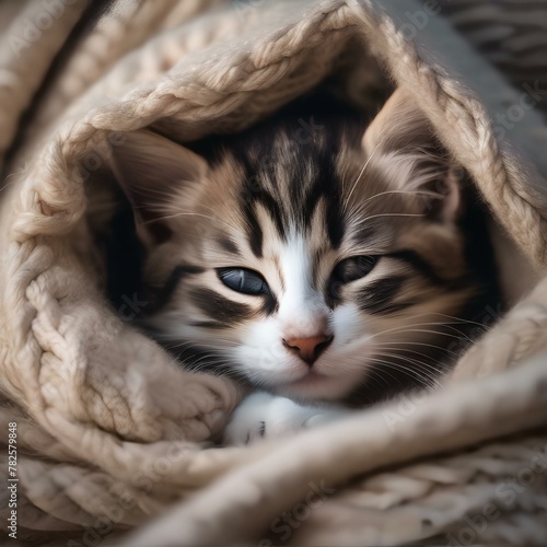 A sleepy kitten curled up in a ball, with a soft blanket over its body2 photo