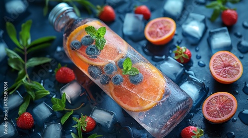 Healthy drink in stylish bottle with fruit slices and ice cubes colourful background. Summer drinks. Fresh concept. Summer concept. Fruits concept.