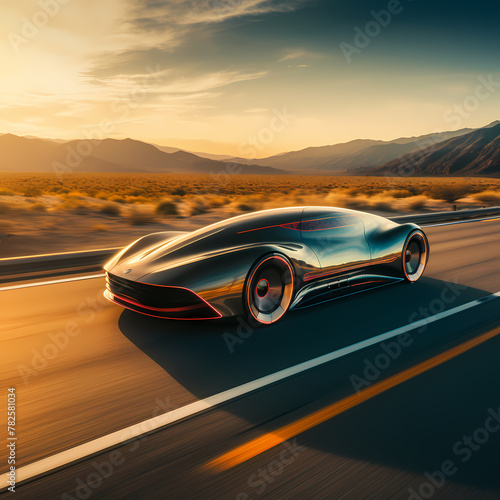 A futuristic car speeding down a highway.