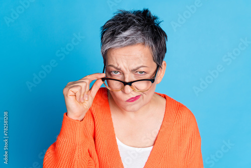 Canvas Print Photo portrait of lovely senior lady touch specs skeptical look dressed stylish